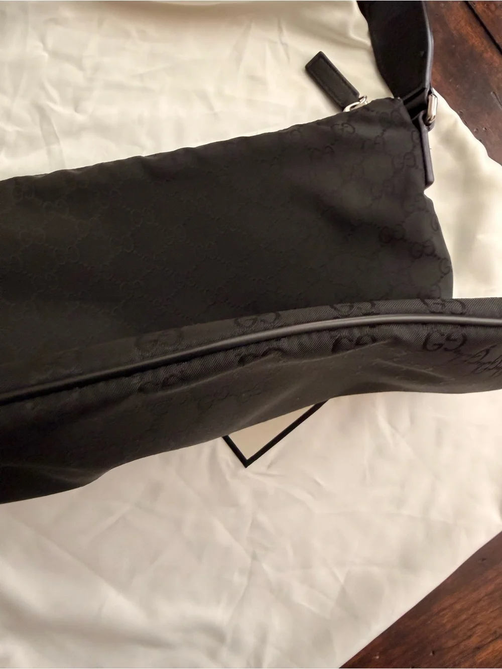 Gucci Black GG Nylon Messenger Crossbody with Striped Strap